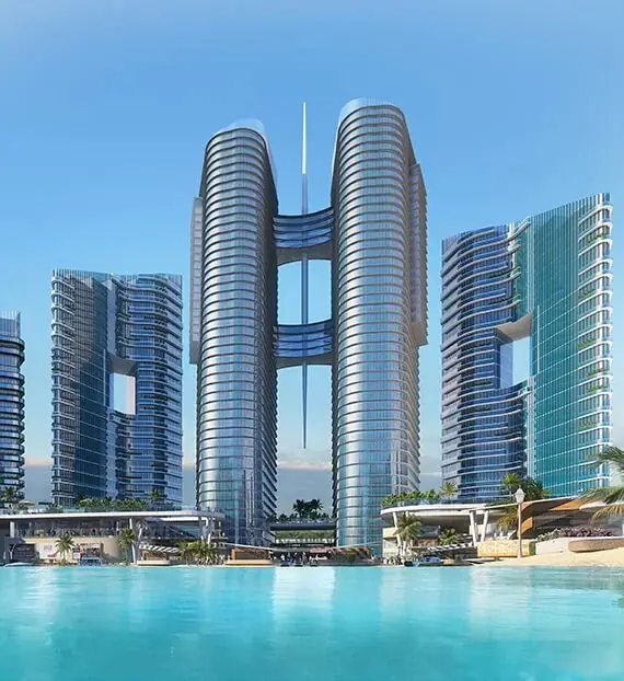 ARY Laguna Karachi twin towers above the crystal lagoon